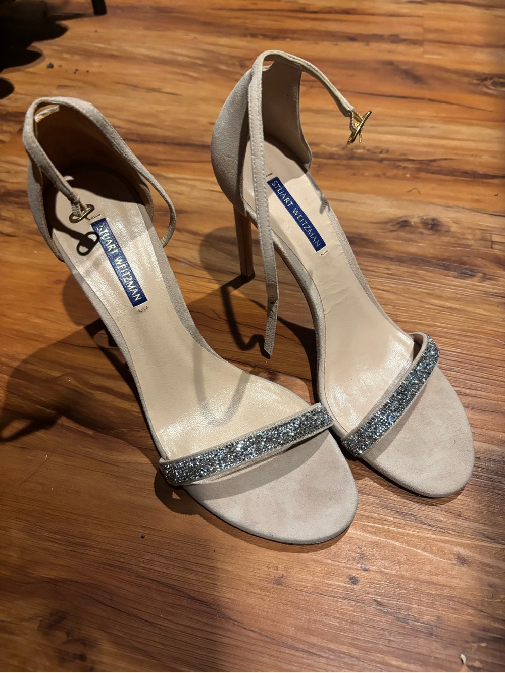 Stuart Weitzman Nude Suede Heels with Silver Glitter Toe Strap